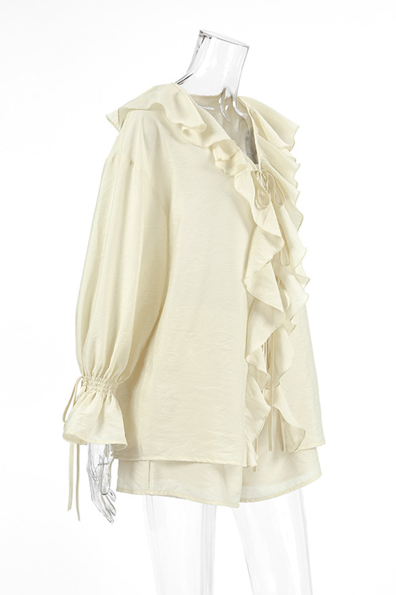 Ensemble deux pièces décontracté à porter au quotidien, avec lacets, volant, col en V et manches longues.