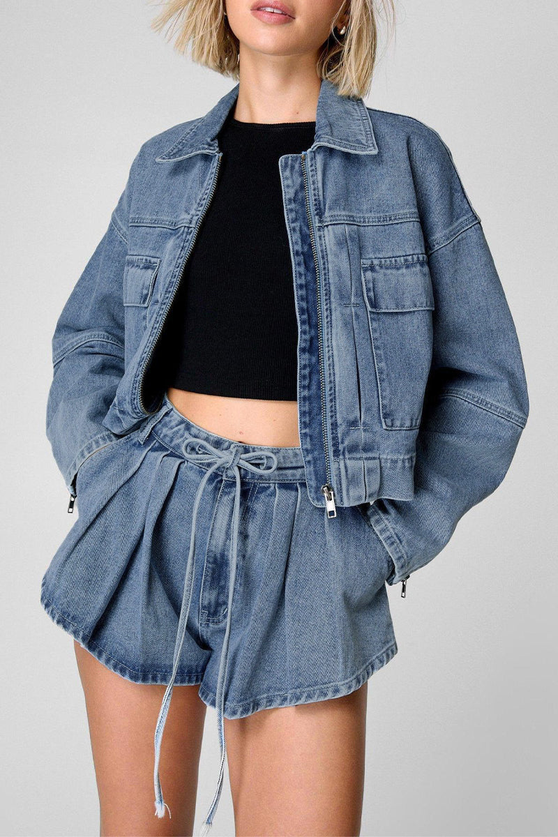 Casual Pocket Zipper Turndown Collar Long Sleeve Two Pieces