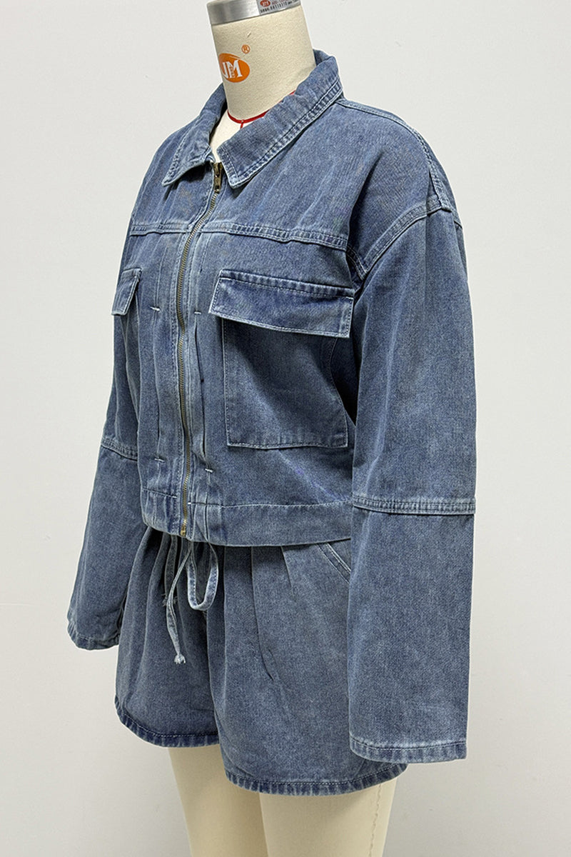 Casual Pocket Zipper Turndown Collar Long Sleeve Two Pieces