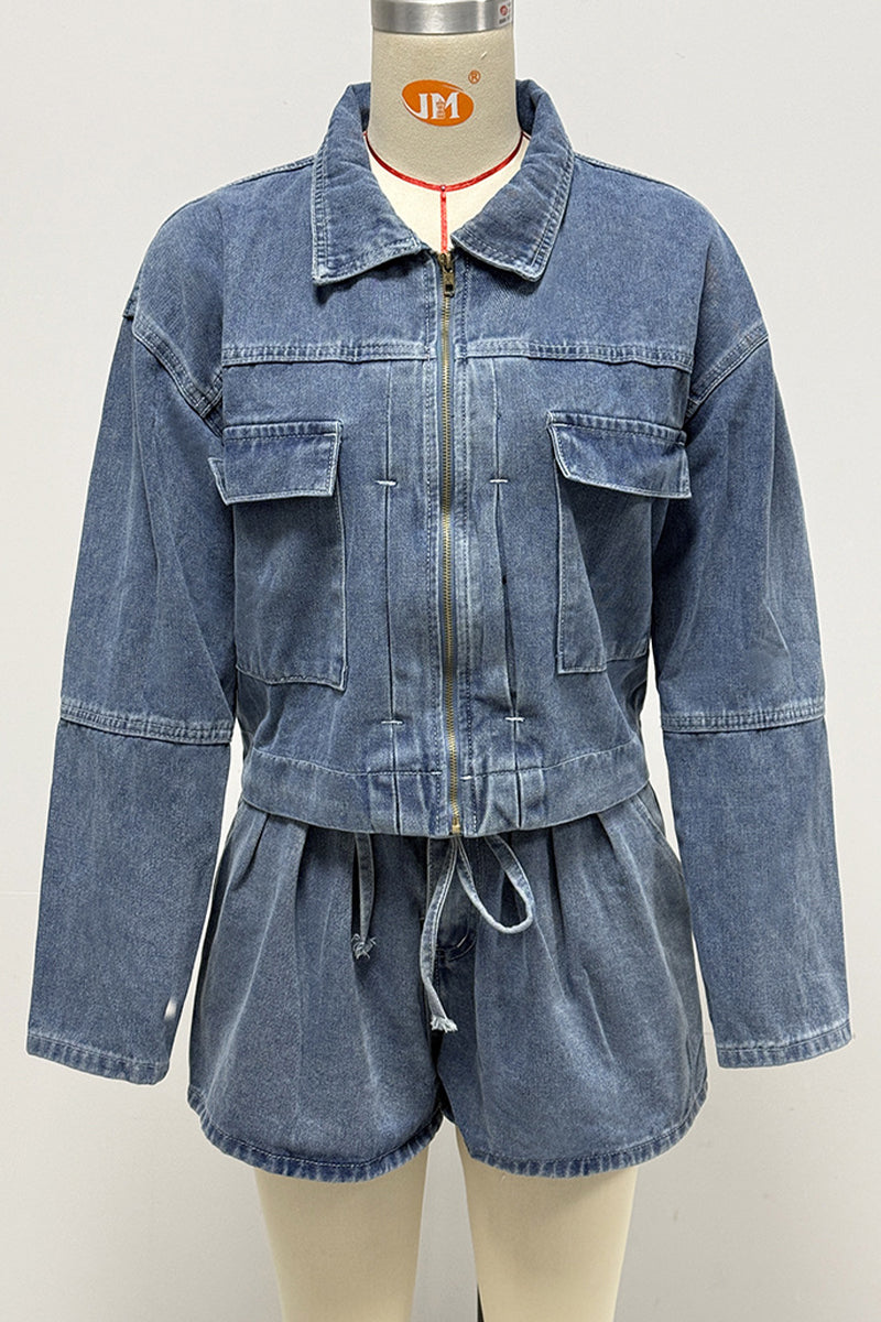 Casual Pocket Zipper Turndown Collar Long Sleeve Two Pieces