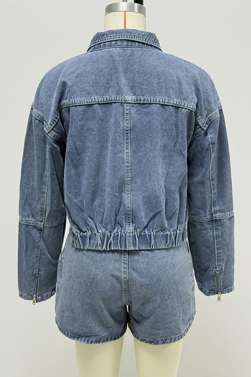 Casual Pocket Zipper Turndown Collar Long Sleeve Two Pieces