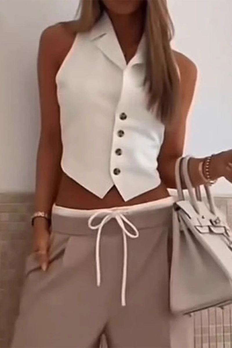 Casual Lace Up Buttons Turndown Collar Sleeveless Two Pieces