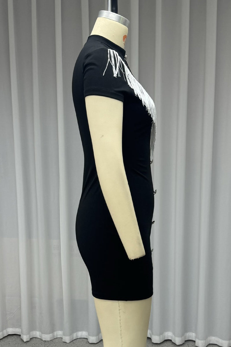 Robes décontractées à boutons, franges, col montant demi-partiel et jupe portefeuille.