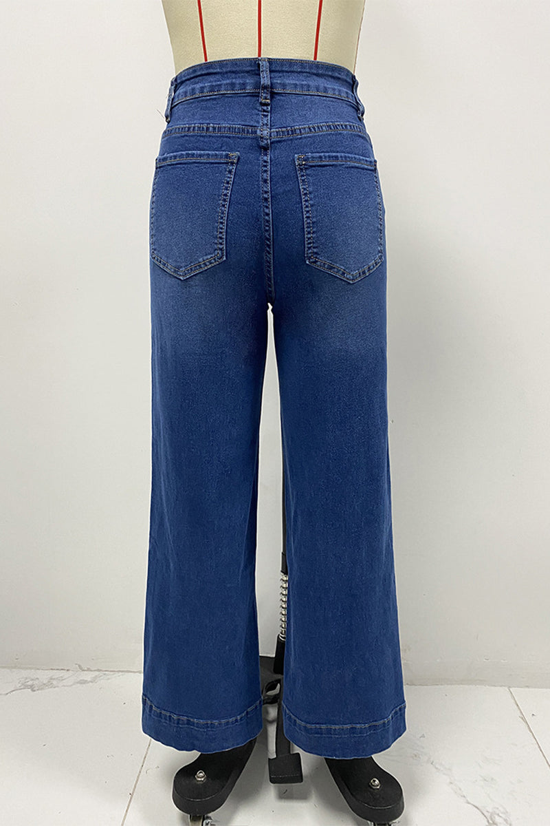 Jeans en jean délavé, taille haute, coupe ample, avec poches, style décontracté.