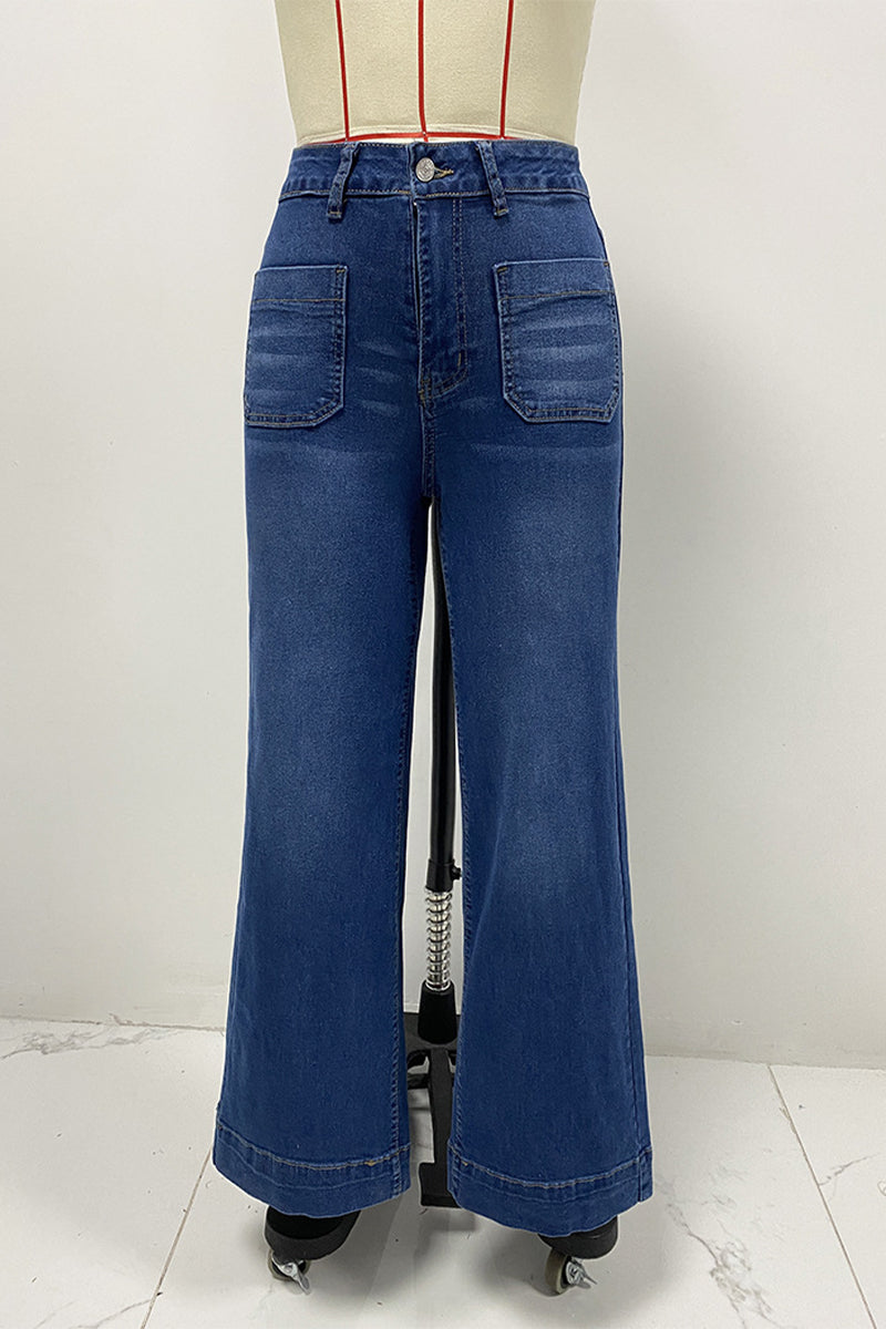 Jeans en jean délavé, taille haute, coupe ample, avec poches, style décontracté.