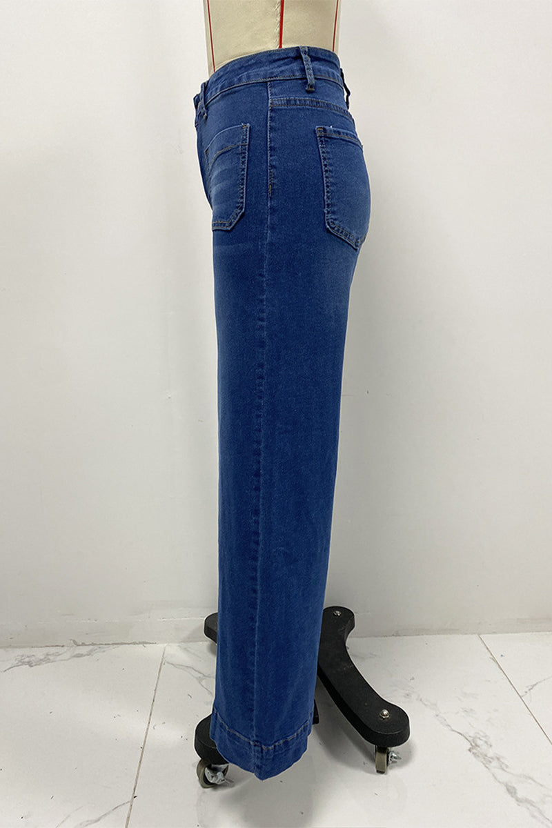 Jeans en jean délavé, taille haute, coupe ample, avec poches, style décontracté.