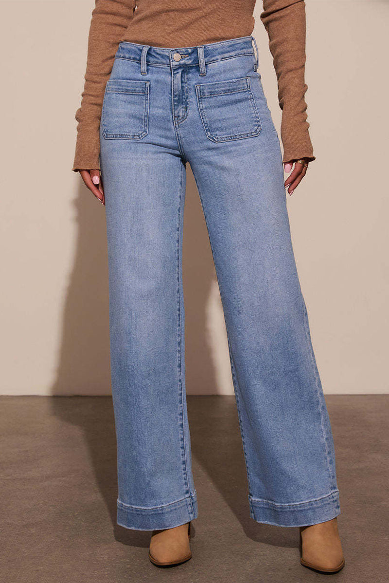 Jeans en jean délavé, taille haute, coupe ample, avec poches, style décontracté.