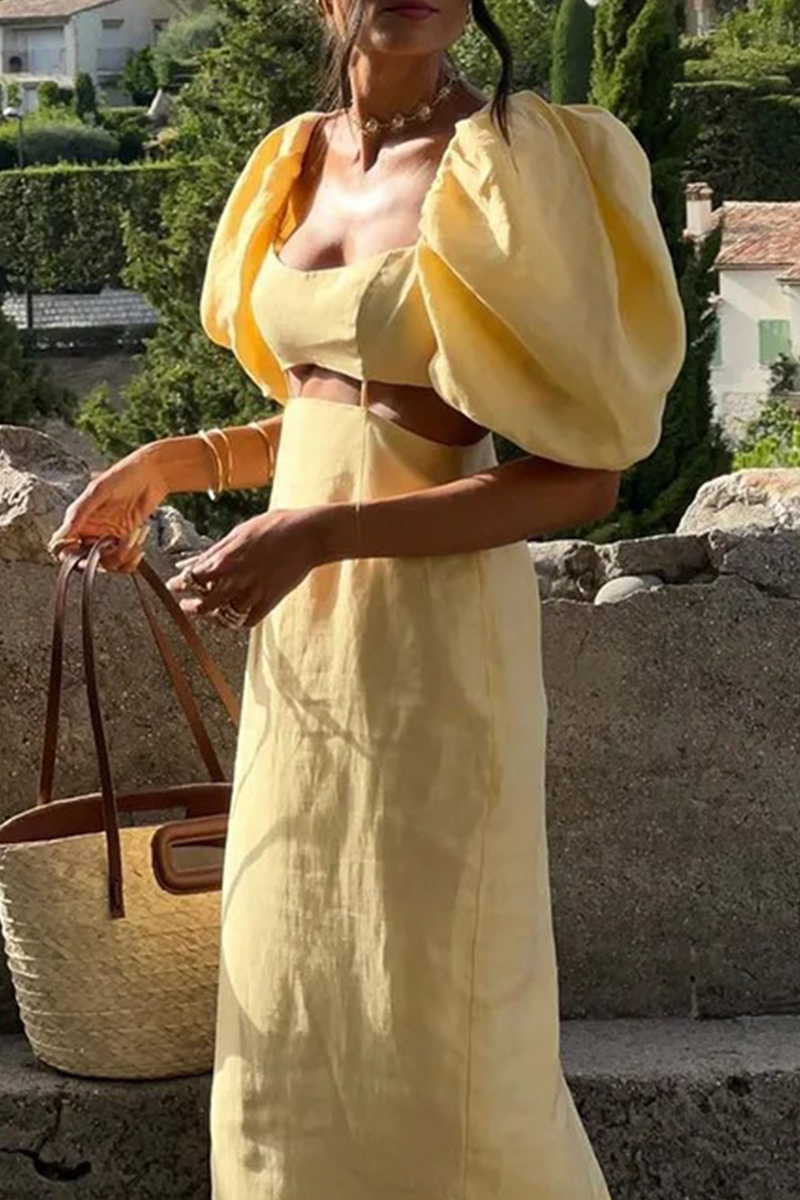 Robes-jupes longues à col carré, décolleté ajouré, couleur unie, sexy.