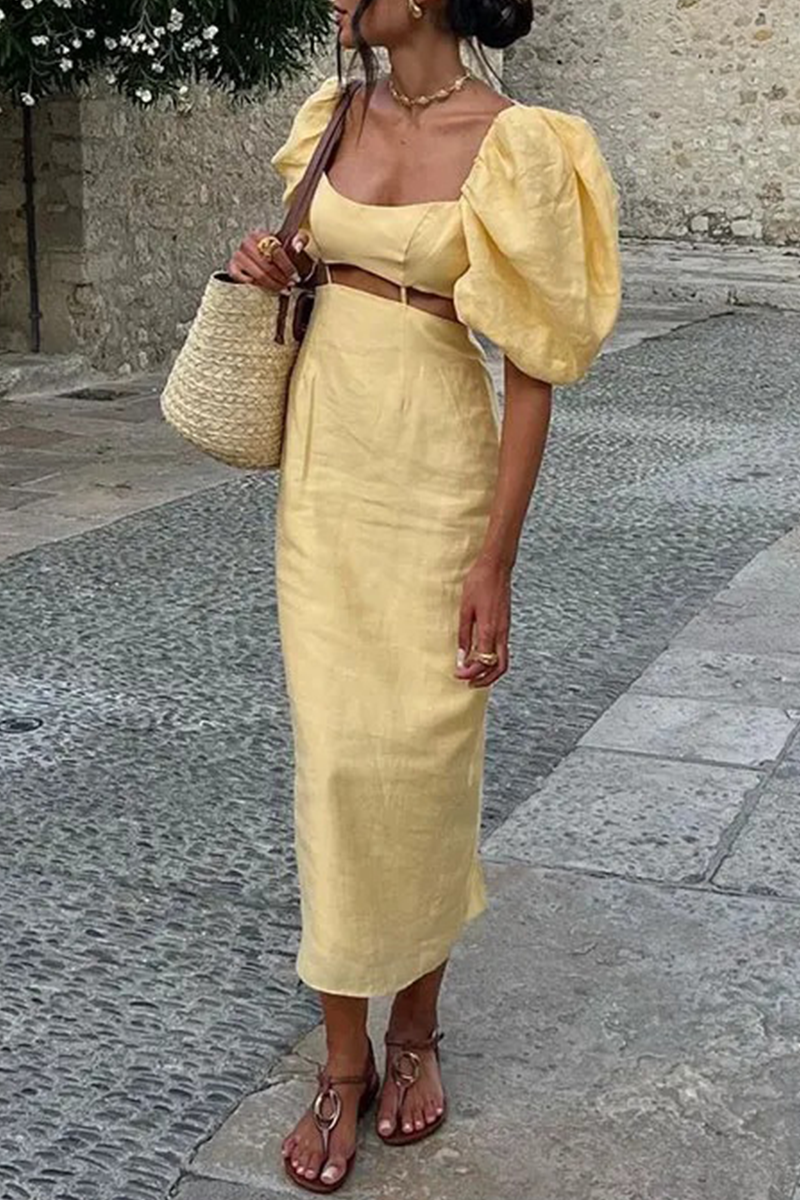 Robes-jupes longues à col carré, décolleté ajouré, couleur unie, sexy.