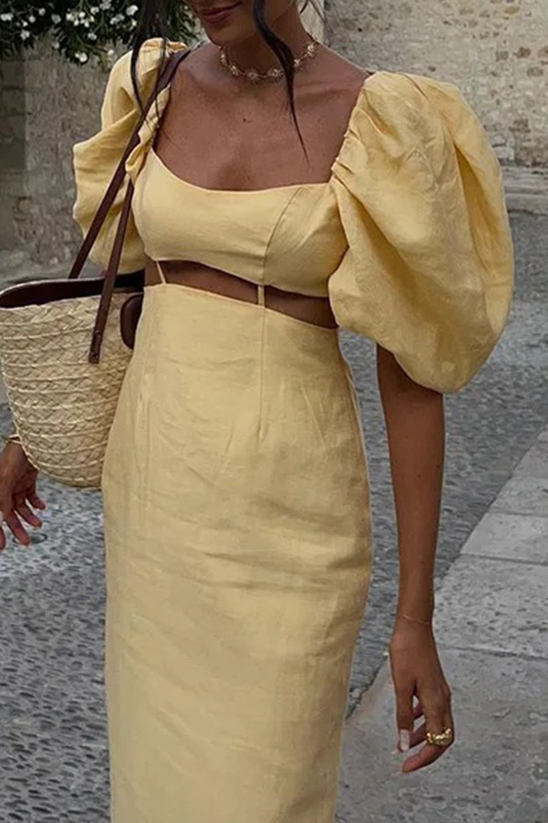 Robes-jupes longues à col carré, décolleté ajouré, couleur unie, sexy.