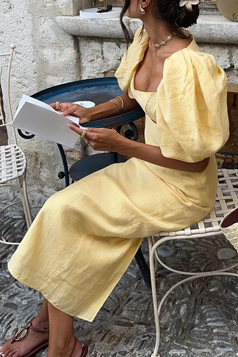 Robes-jupes longues à col carré, décolleté ajouré, couleur unie, sexy.