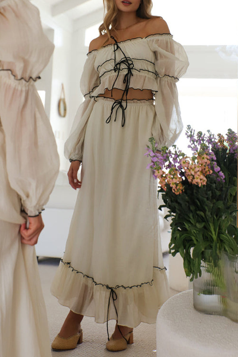 Sexy Schnür-Rüschen-Kontrast-Off-Shoulder-Langarm-Zweiteiler