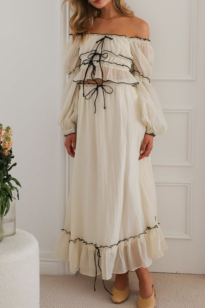 Sexy Schnür-Rüschen-Kontrast-Off-Shoulder-Langarm-Zweiteiler