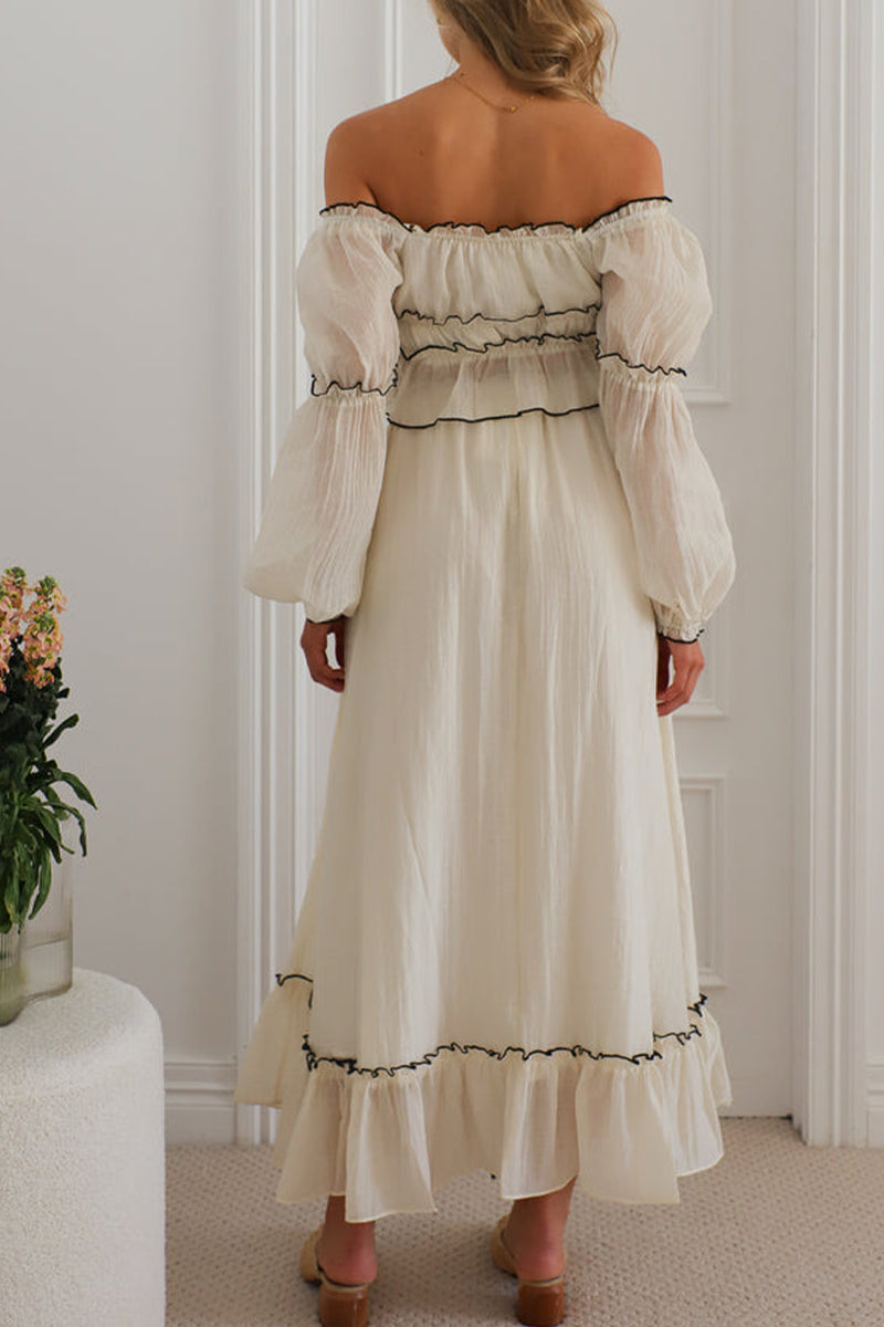 Sexy Schnür-Rüschen-Kontrast-Off-Shoulder-Langarm-Zweiteiler