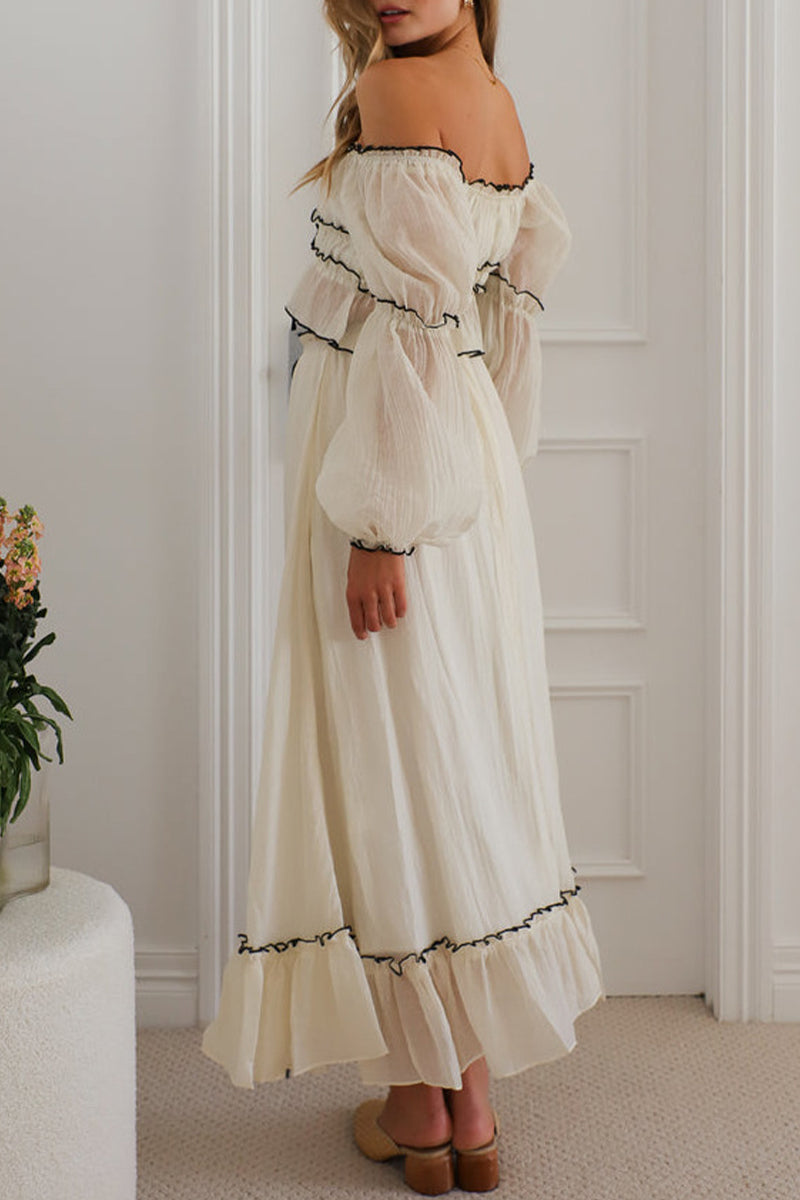 Sexy Schnür-Rüschen-Kontrast-Off-Shoulder-Langarm-Zweiteiler