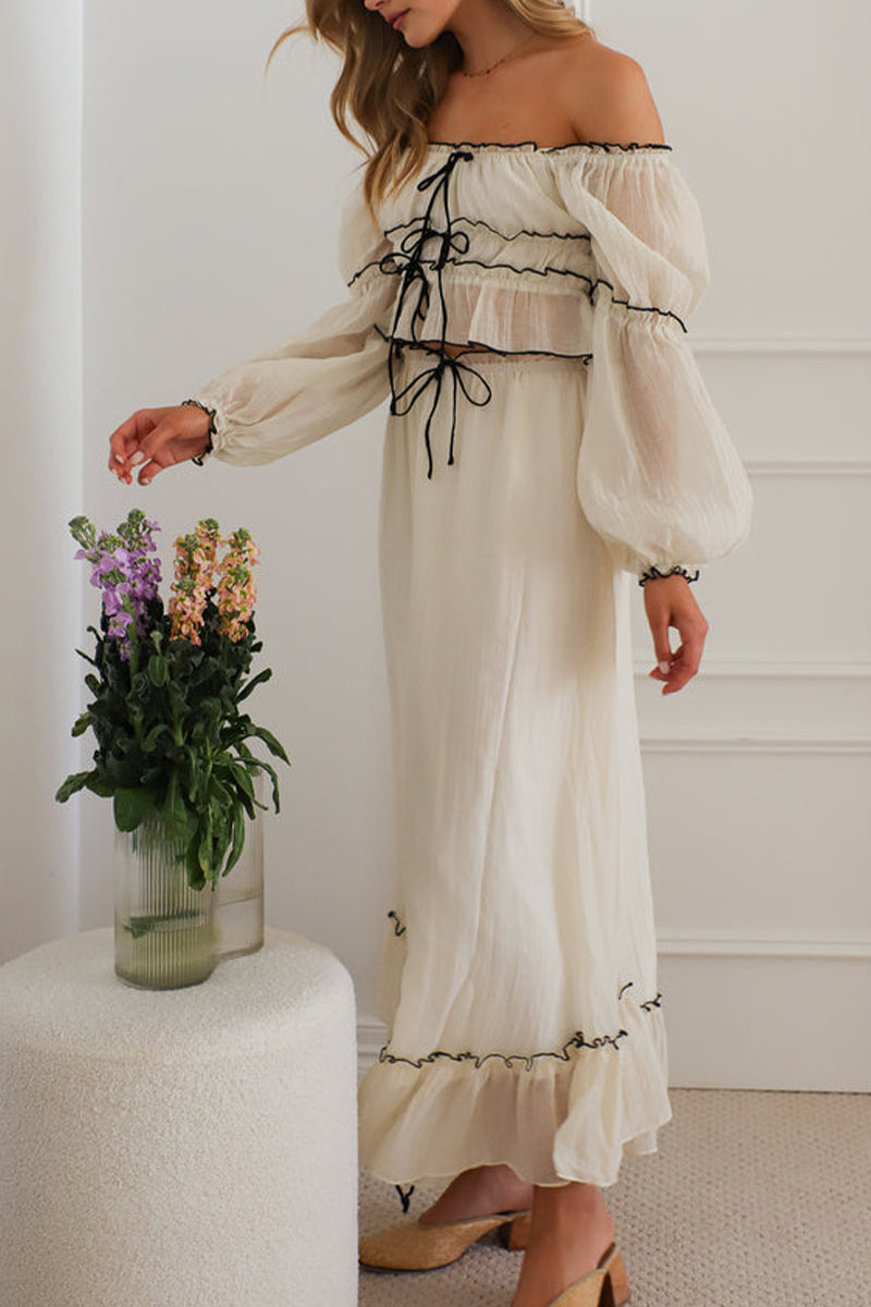 Sexy Schnür-Rüschen-Kontrast-Off-Shoulder-Langarm-Zweiteiler