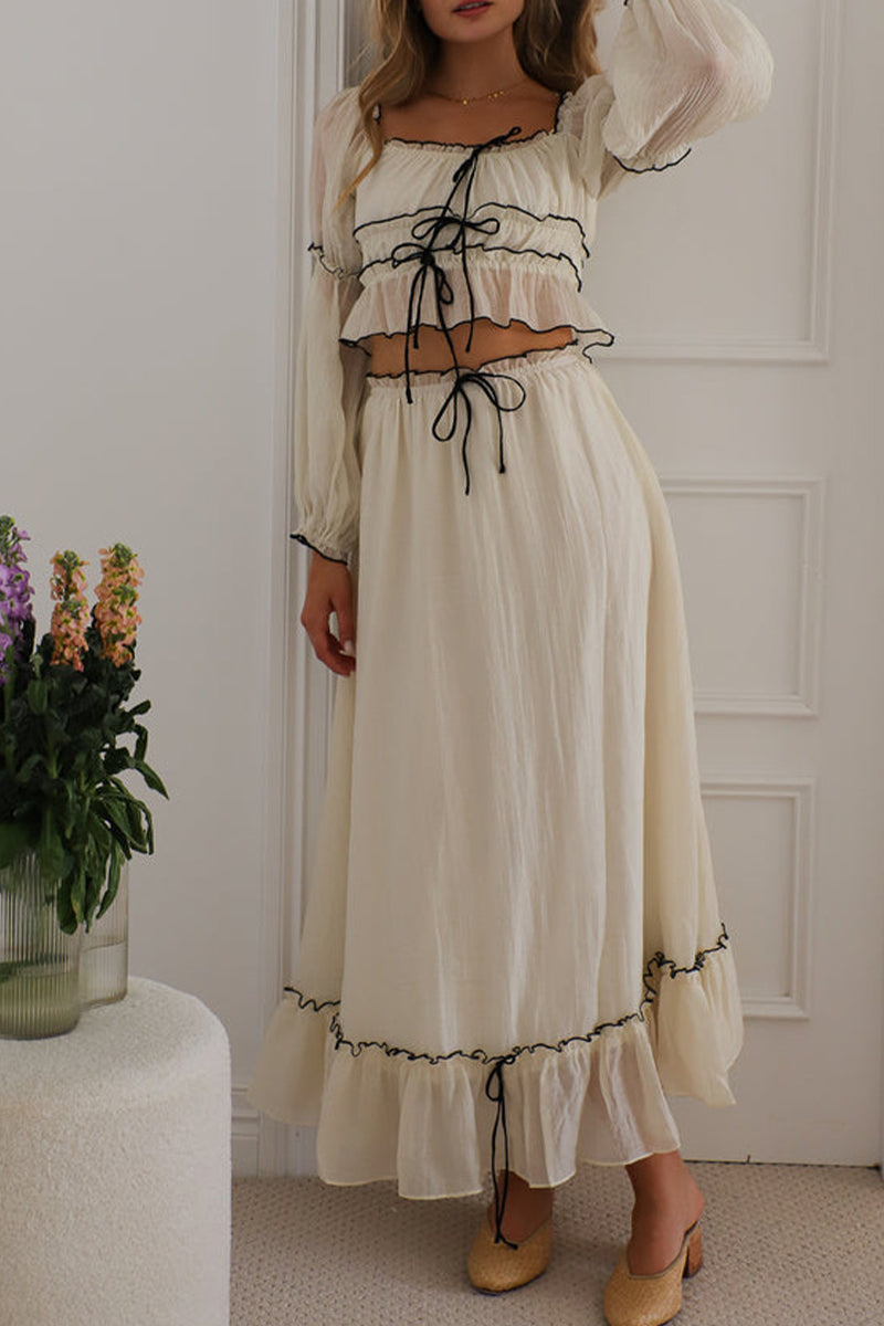 Sexy Schnür-Rüschen-Kontrast-Off-Shoulder-Langarm-Zweiteiler