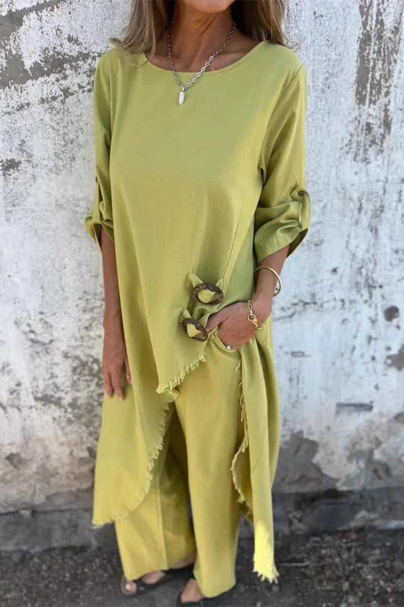 Ensemble deux pièces décontracté, manches longues, col rond irrégulier, poches, effet usé (6 couleurs)