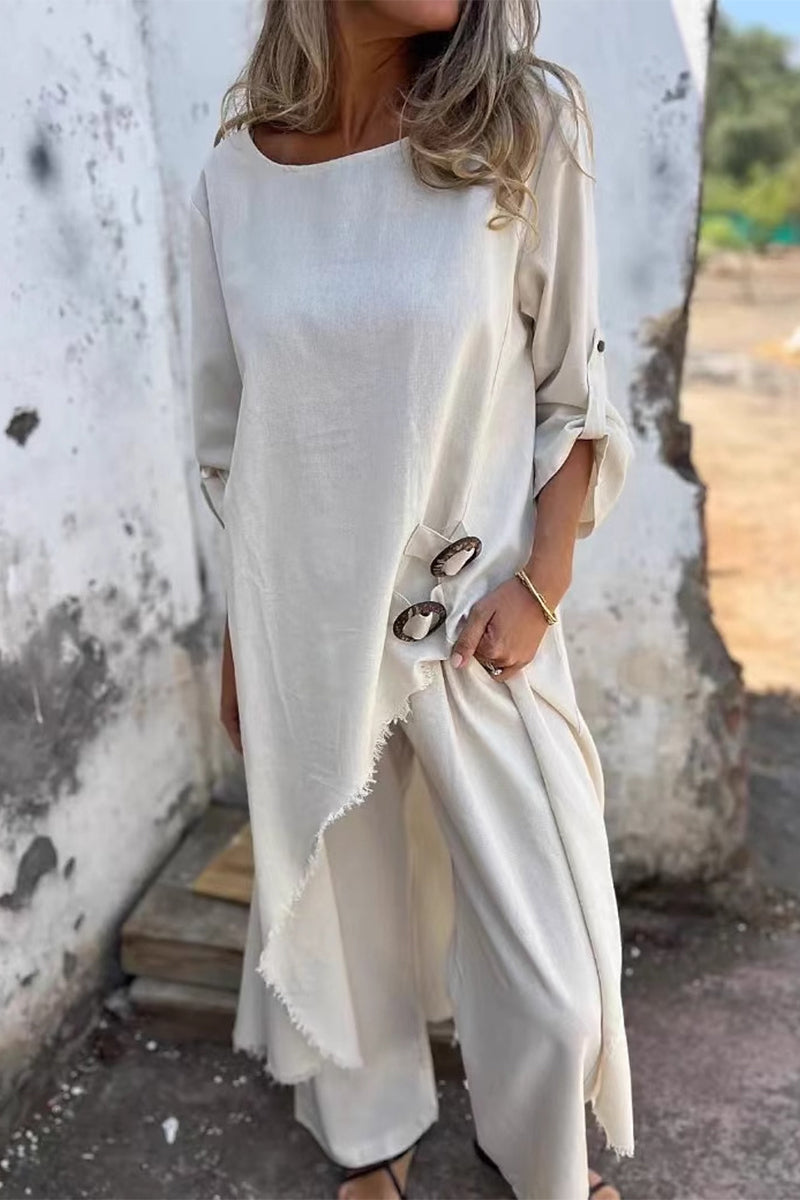 Ensemble deux pièces décontracté, manches longues, col rond irrégulier, poches, effet usé (6 couleurs)