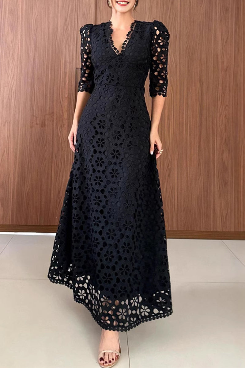 Robes longues décontractées à fleurs, décolleté en V, zippées et ajourées.