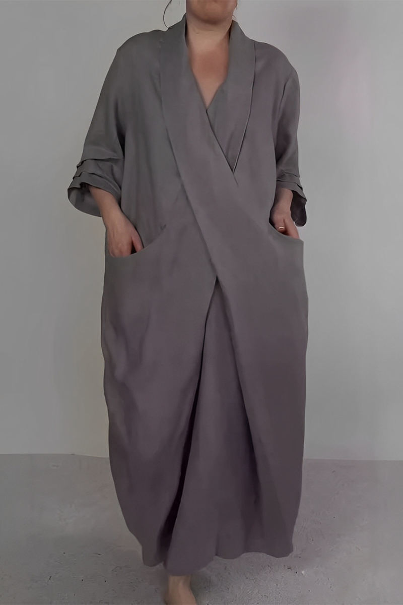 Robes longues décontractées à fente, col en V, poches et longueur irrégulière (7 couleurs)