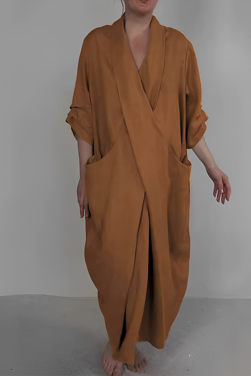 Robes longues décontractées à fente, col en V, poches et longueur irrégulière (7 couleurs)