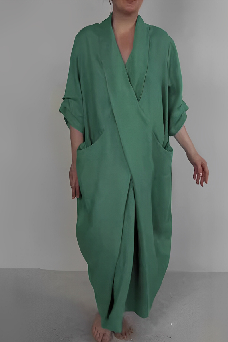 Robes longues décontractées à fente, col en V, poches et longueur irrégulière (7 couleurs)