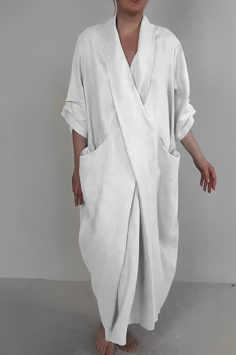 Robes longues décontractées à fente, col en V, poches et longueur irrégulière (7 couleurs)