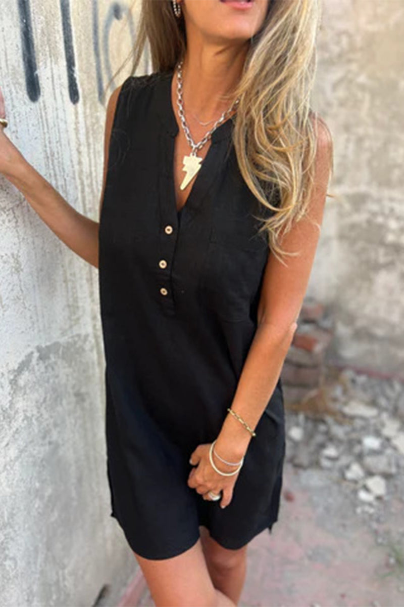 Robes décontractées sans manches, avec poches, col en V et boutons (4 couleurs)