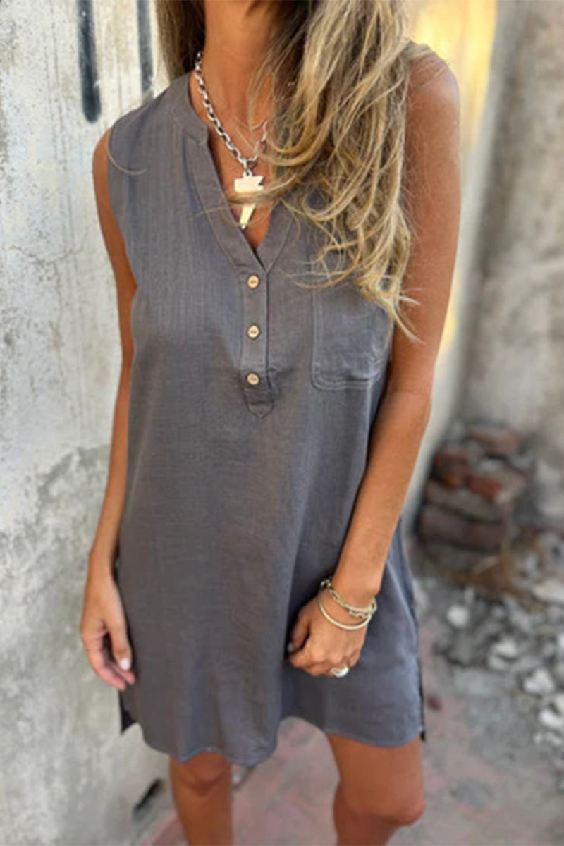 Robes décontractées sans manches, avec poches, col en V et boutons (4 couleurs)