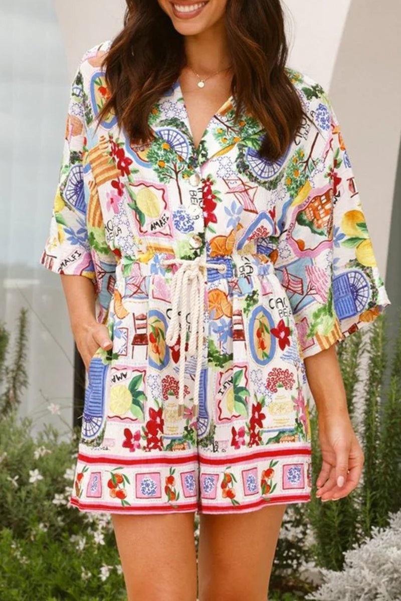 Combinaisons amples décontractées à imprimé graffiti, à cordon de serrage, col montant contrasté.