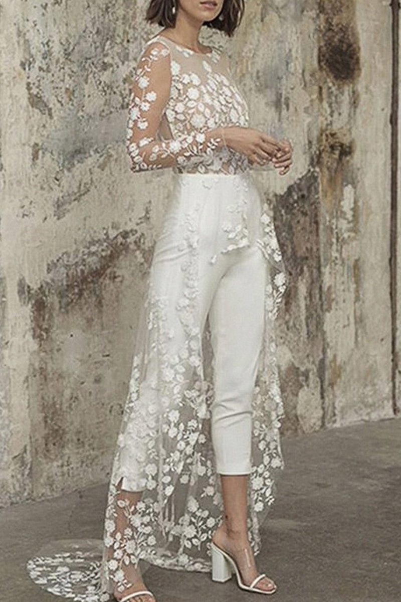 Sexy Spitzen-Patchwork-Overall mit O-Ausschnitt und geradem Schnitt