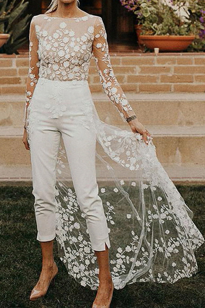 Sexy Spitzen-Patchwork-Overall mit O-Ausschnitt und geradem Schnitt