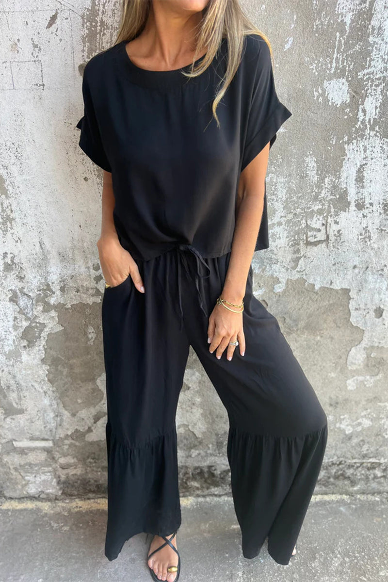 Casual Pocket Lace Up Flounce O Neck Short Sleeve Two Pieces(3 Colors)