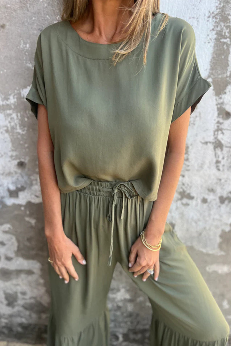 Casual Pocket Lace Up Flounce O Neck Short Sleeve Two Pieces(3 Colors)