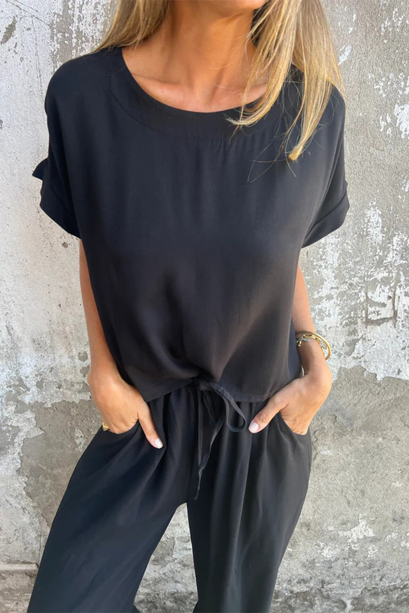 Casual Pocket Lace Up Flounce O Neck Short Sleeve Two Pieces(3 Colors)