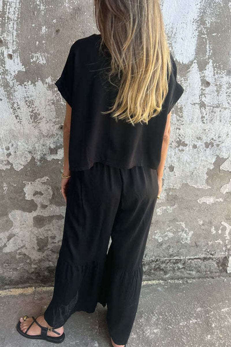 Casual Pocket Lace Up Flounce O Neck Short Sleeve Two Pieces(3 Colors)