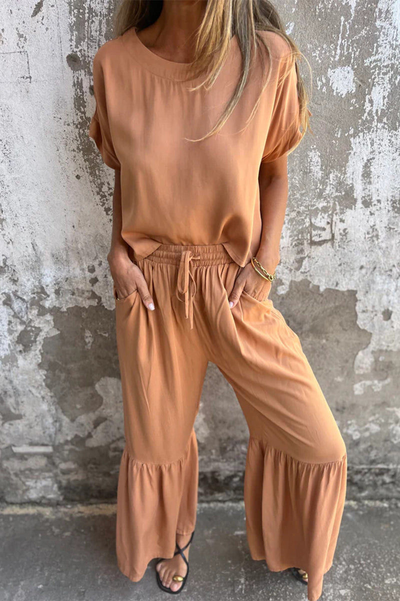 Casual Pocket Lace Up Flounce O Neck Short Sleeve Two Pieces(3 Colors)