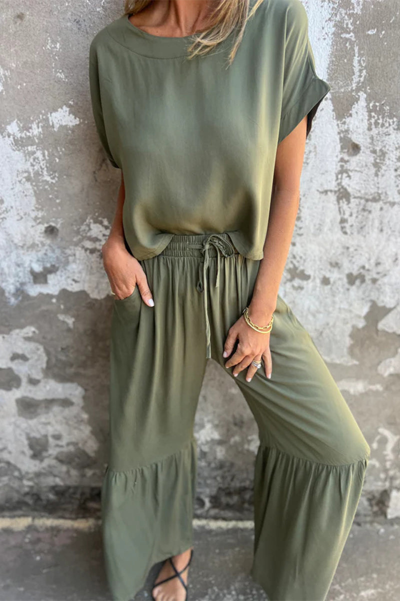 Casual Pocket Lace Up Flounce O Neck Short Sleeve Two Pieces(3 Colors)