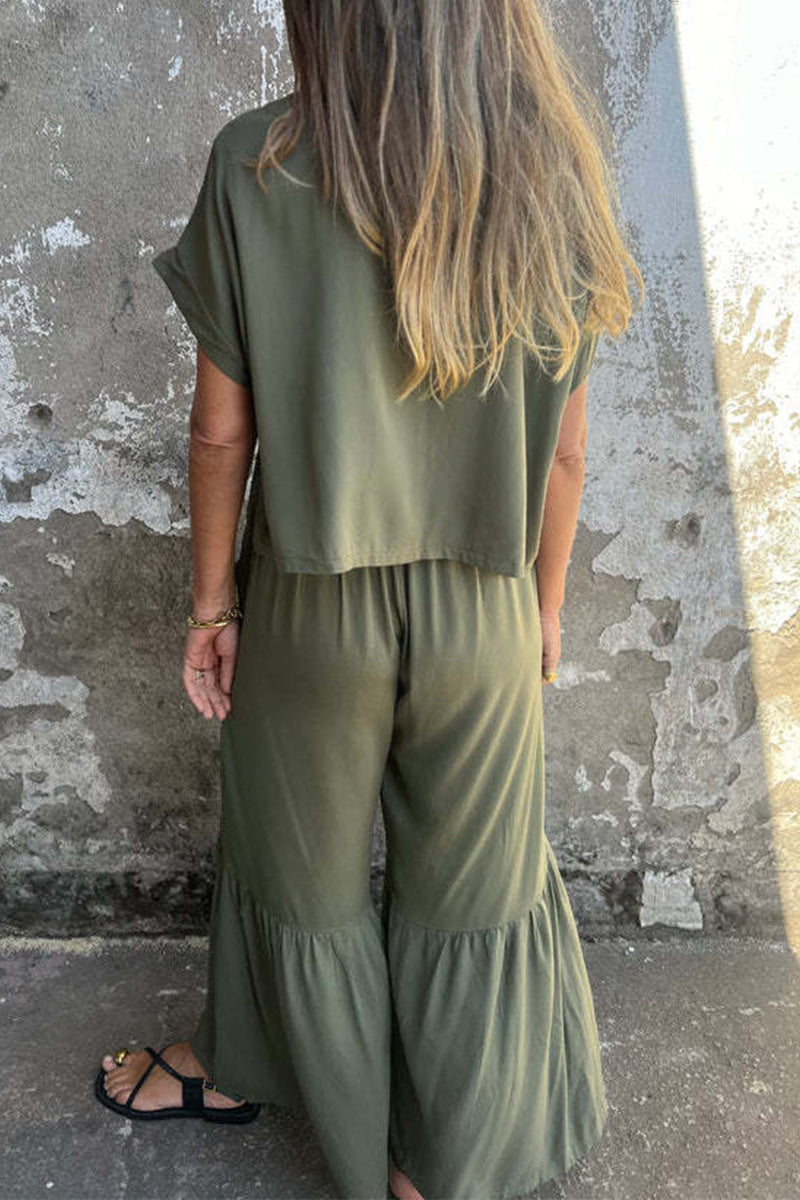 Casual Pocket Lace Up Flounce O Neck Short Sleeve Two Pieces(3 Colors)