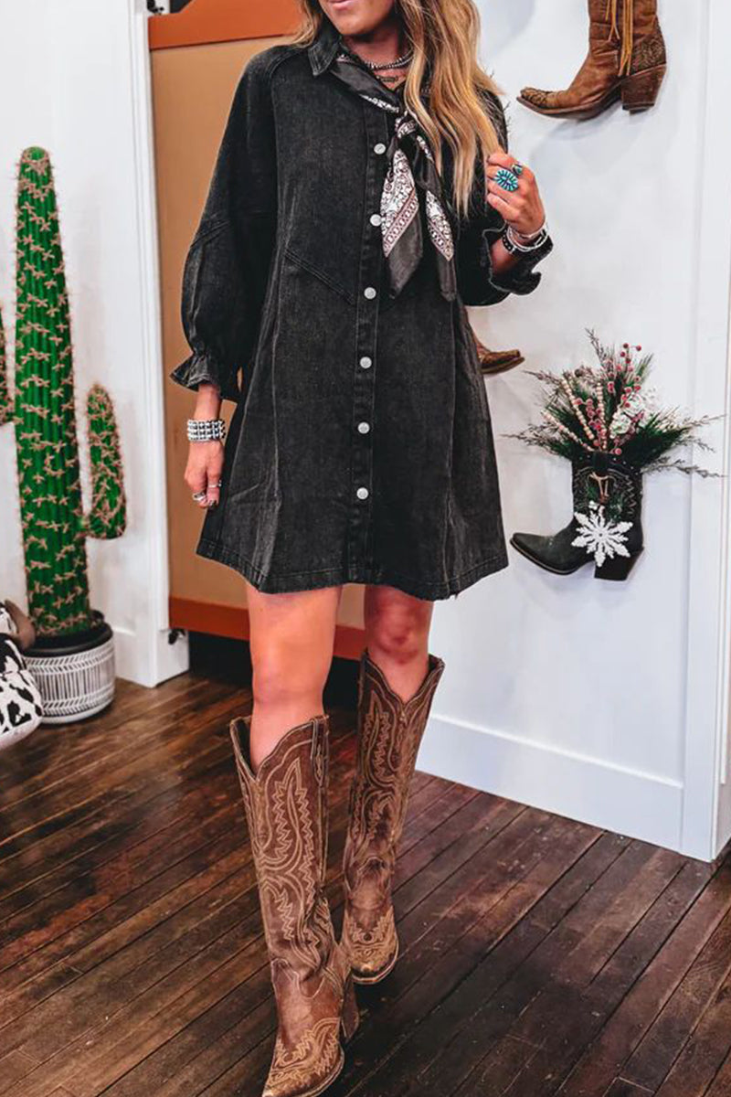 Robes en jean délavées et décontractées, style patchwork, col montant, trois-quarts, ample.