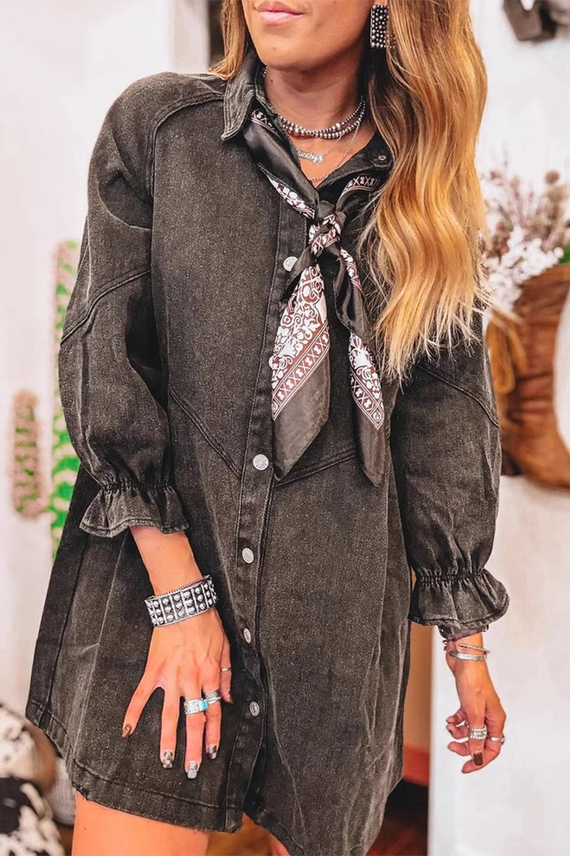 Robes en jean délavées et décontractées, style patchwork, col montant, trois-quarts, ample.