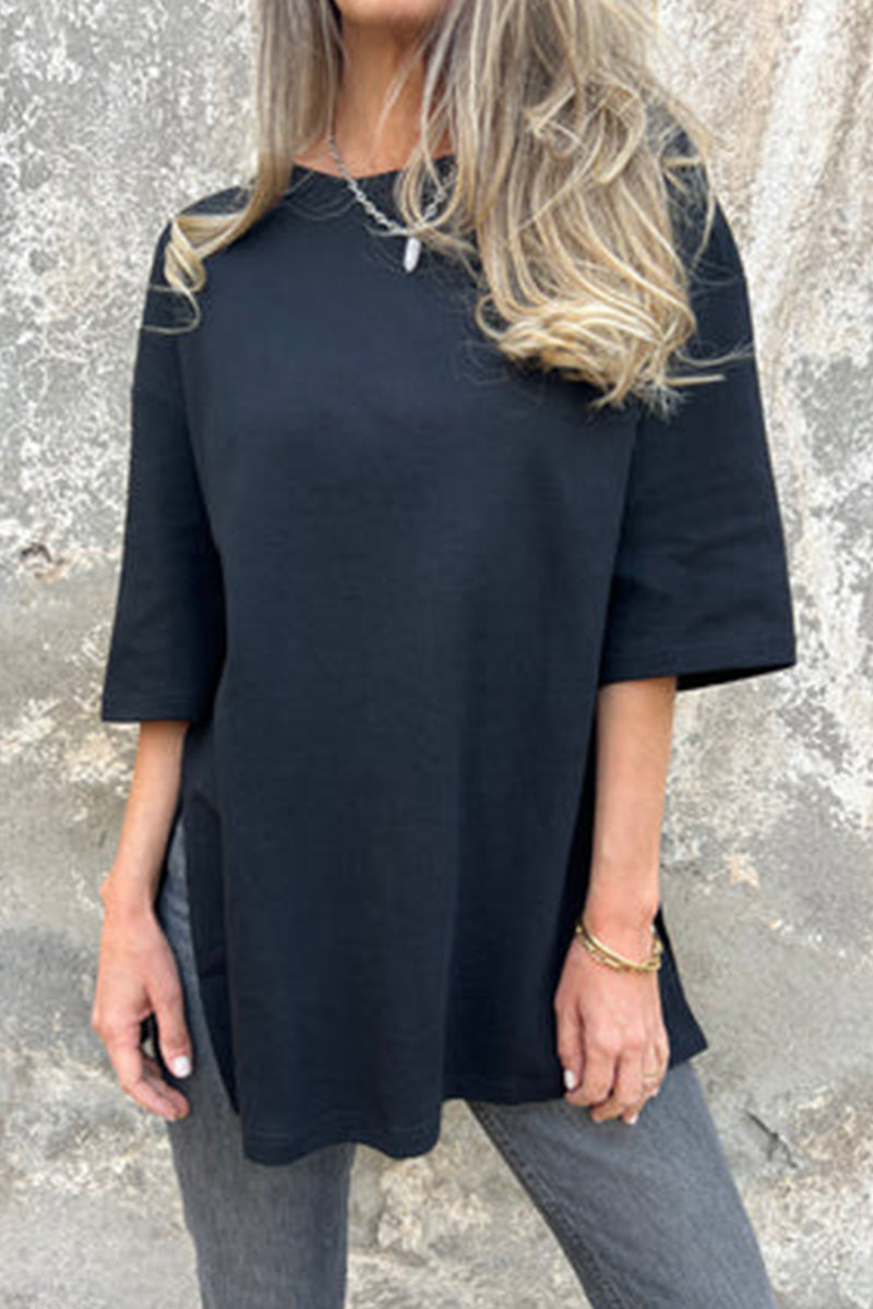 Daily Solid Color Slit O Neck Tops