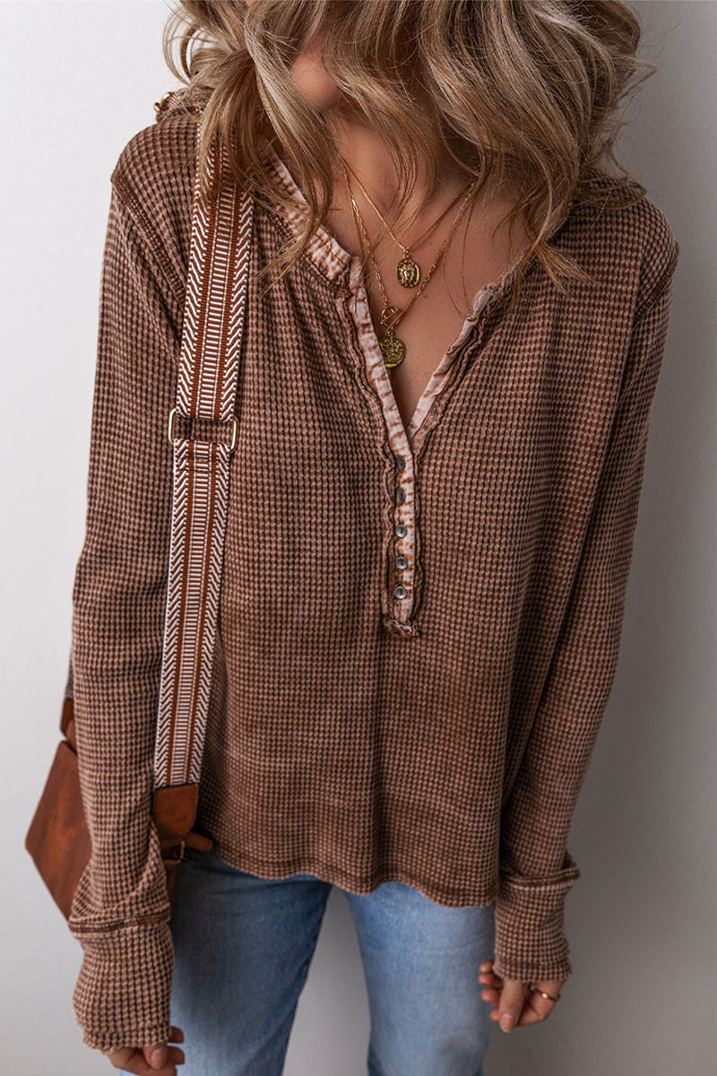 Casual Plaid Buttons Patchwork V Neck Tops(3 Colors)