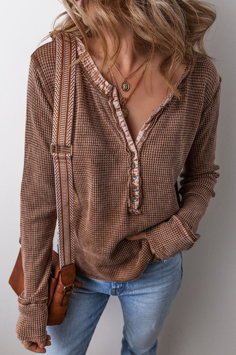 Casual Plaid Buttons Patchwork V Neck Tops(3 Colors)