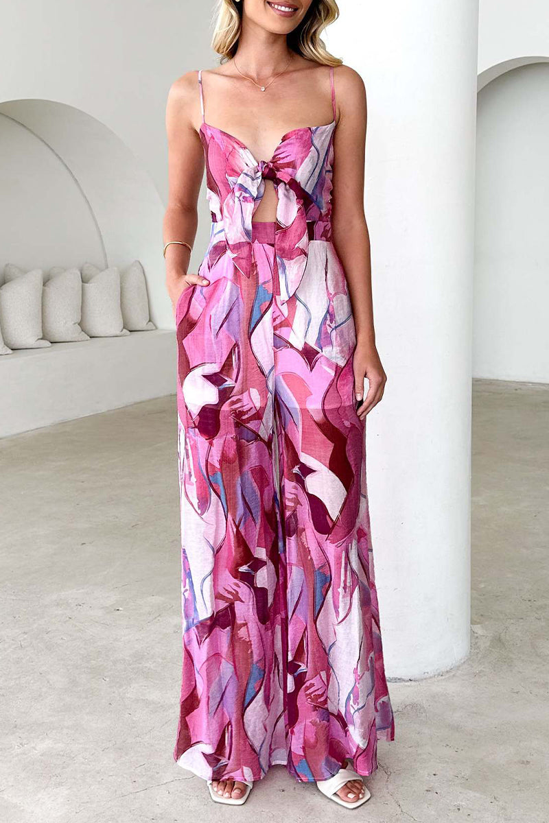 Combinaisons amples décontractées à imprimé floral, avec poches, col en V et contrastes.