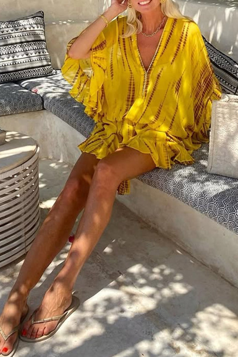 Robes décontractées de vacances, imprimé géométrique, volant, col en V, style A-line.