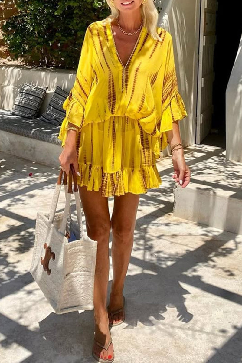 Robes décontractées de vacances, imprimé géométrique, volant, col en V, style A-line.