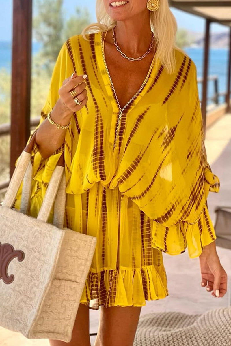 Robes décontractées de vacances, imprimé géométrique, volant, col en V, style A-line.