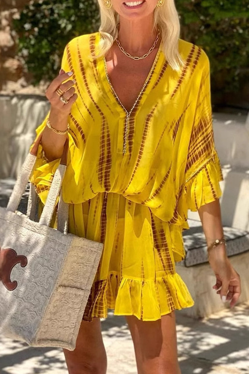 Robes décontractées de vacances, imprimé géométrique, volant, col en V, style A-line.